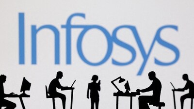 Figurines with computers and smartphones are seen in front of Infosys logo in this illustration. Infosys issues over 1,000 offer letters to 2022 campus hires after a 2.5-year delay, with joining on October 7, 2024. (Reuters)