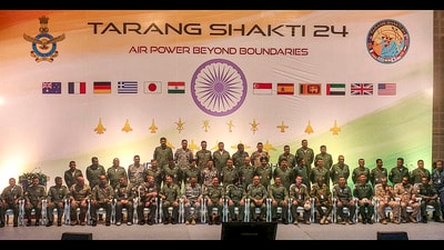 Jodhpur: Indian Air Force (IAF) personnel during a group photo at the inaugaration ceremony of Tarang Shakti 2024, at the Jodhpur Air Force Station, in Jodhpur, Friday, Aug. 30, 2024. (PTI Photo) (PTI08_30_2024_000251B) (PTI) Jodhpur: Indian Air Force (IAF) personnel during a group photo at the inaugaration ceremony of Tarang Shakti 2024, at the Jodhpur Air Force Station, in Jodhpur, Friday, Aug. 30, 2024. (PTI Photo) (PTI08_30_2024_000251B) (PTI)