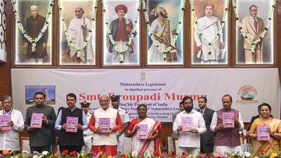 Mumbai, Sep 03 (ANI): President Droupadi Murmu, Maharashtra Governor CP Radhakrishnan, State Chief Minister Eknath Shinde, State Deputy Chief Ministers Devendra Fadnavis and Ajit Pawar, State Textiles Minister Chandrakant Patil and others during the centenary year function of the State Legislative Council, at Vidhan Bhavan in Mumbai on Tuesday. (ANI Photo) (ANI) Mumbai, Sep 03 (ANI): President Droupadi Murmu, Maharashtra Governor CP Radhakrishnan, State Chief Minister Eknath Shinde, State Deputy Chief Ministers Devendra Fadnavis and Ajit Pawar, State Textiles Minister Chandrakant Patil and others during the centenary year function of the State Legislative Council, at Vidhan Bhavan in Mumbai on Tuesday. (ANI Photo) (ANI)