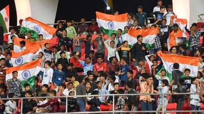 The Indian fans came in big numbers during the Intercontinental Cup 2024 football match between India and Mauritius, in Hyderabad. (PTI) The Indian fans came in big numbers during the Intercontinental Cup 2024 football match between India and Mauritius, in Hyderabad. (PTI)