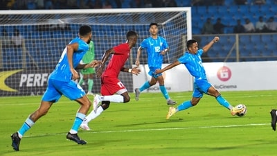 India showed a lot more urgency and enterprise in the second half, looking to create chances and put the visitors under pressure. However, the failed to break the Mauritius deadlock. (PTI) India showed a lot more urgency and enterprise in the second half, looking to create chances and put the visitors under pressure. However, the failed to break the Mauritius deadlock. (PTI)