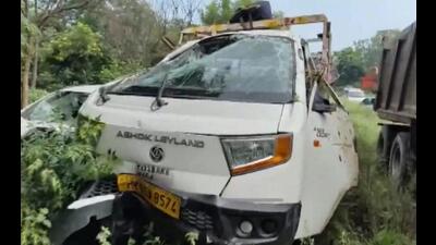 The wreckage of the pick-up vehicle that was hit by a truck near Bidhrana village at Narwana in Jind district on Tuesday. (PTI Photo)