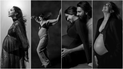 Deepika's pregnancy photoshoot featured solo shots and a few pictures where Ranveer hugged or embraced her baby bump. The actor wore four different ensembles in the heartwarming black-and-white photos. She wore a floral-embroidered see-through black dress by Sabyasachi, a bralette-jeans-cardigan combo, a black full-body-length dress, and a blazer with pants and a lace bra top. (Instagram) Deepika's pregnancy photoshoot featured solo shots and a few pictures where Ranveer hugged or embraced her baby bump. The actor wore four different ensembles in the heartwarming black-and-white photos. She wore a floral-embroidered see-through black dress by Sabyasachi, a bralette-jeans-cardigan combo, a black full-body-length dress, and a blazer with pants and a lace bra top. (Instagram)