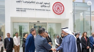 Abu Dhabi Crown Prince Sheikh Khaled bin Mohamed at the inauguration of IIT Delhi Abu Dhabi campus (Photo posted on X by @dpradhanbjp) Abu Dhabi Crown Prince Sheikh Khaled bin Mohamed at the inauguration of IIT Delhi Abu Dhabi campus (Photo posted on X by @dpradhanbjp)