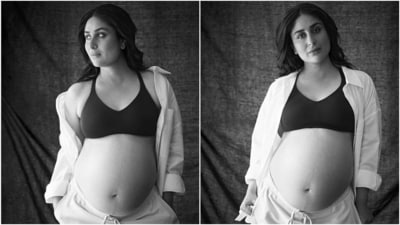 Kareena Kapoor also opted for a black-and-white pregnancy photoshoot. Kareena's portraits were taken by Rohan Shrestha, who shared in an Instagram post that the actor got the pictures clicked just a week before she delivered Taimur. Showing off her baby bump, she wore a sports bra, track pants, and a button-down shirt with an open front in the images. (Instagram) Kareena Kapoor also opted for a black-and-white pregnancy photoshoot. Kareena's portraits were taken by Rohan Shrestha, who shared in an Instagram post that the actor got the pictures clicked just a week before she delivered Taimur. Showing off her baby bump, she wore a sports bra, track pants, and a button-down shirt with an open front in the images. (Instagram)