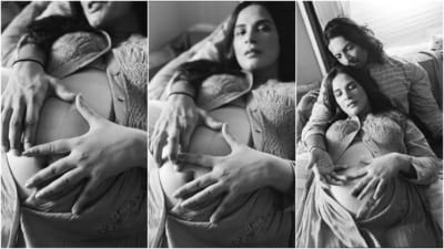 Richa Chadha, who recently welcomed her daughter with her husband Ali Fazal, did a black-and-white pregnancy photoshoot. For the pictures, she wore a ruched button-down dress with the buttons around her belly left open to show off her baby bump. (Instagram) Richa Chadha, who recently welcomed her daughter with her husband Ali Fazal, did a black-and-white pregnancy photoshoot. For the pictures, she wore a ruched button-down dress with the buttons around her belly left open to show off her baby bump. (Instagram)