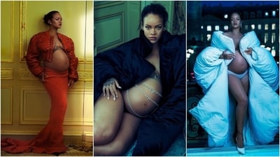 Rihanna, too, bared her baby bump for a Vogue cover shoot. She wore striking outfits for the photoshoots, including two voluminous jackets styled with a jewelled belly chain and a bikini bottom. In another photo, she wore an orange crochet skirt and a matching cropped jacket. (Instagram) Rihanna, too, bared her baby bump for a Vogue cover shoot. She wore striking outfits for the photoshoots, including two voluminous jackets styled with a jewelled belly chain and a bikini bottom. In another photo, she wore an orange crochet skirt and a matching cropped jacket. (Instagram)
