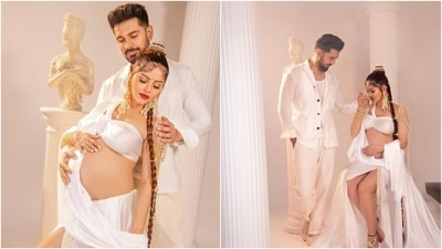 Rubina Dilaik's photoshoot was quite similar to Sonam Kapoor's maternity shoot. Embracing the apsara core, Rubina displayed her baby bump in a satin bralette and a thigh-slit skirt styled with gold jewels and bold makeup. (Instagram) Rubina Dilaik's photoshoot was quite similar to Sonam Kapoor's maternity shoot. Embracing the apsara core, Rubina displayed her baby bump in a satin bralette and a thigh-slit skirt styled with gold jewels and bold makeup. (Instagram)