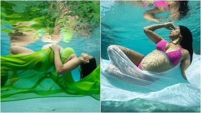 Sameera Reddy opted for a unique maternity shoot while pregnant with her second child - an underwater photoshoot. For the pictures, Sameera wore colourful bikinis and displayed her pregnant belly. While sharing the photos, she wrote, "I wanted to celebrate the beauty of the bump in my 9th month." (Instagram) Sameera Reddy opted for a unique maternity shoot while pregnant with her second child - an underwater photoshoot. For the pictures, Sameera wore colourful bikinis and displayed her pregnant belly. While sharing the photos, she wrote, "I wanted to celebrate the beauty of the bump in my 9th month." (Instagram)