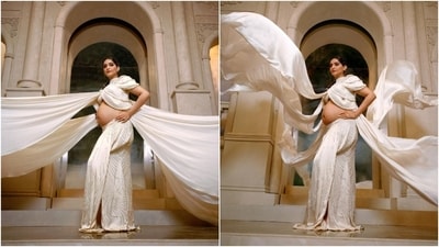 Sonam Kapoor's pregnancy photoshoot, while she was pregnant with Vayu, was all about regal elegance. Dressed in a custom Abu Jani Sandeep Khosla ivory blouse and skirt set, Sonam displayed her growing baby bump. (Instagram) Sonam Kapoor's pregnancy photoshoot, while she was pregnant with Vayu, was all about regal elegance. Dressed in a custom Abu Jani Sandeep Khosla ivory blouse and skirt set, Sonam displayed her growing baby bump. (Instagram)