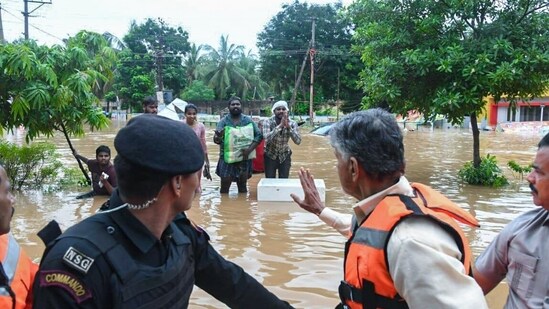 Andhra Pradesh Chief Minister N Chandrababu Naidu visited the flood-affected areas in Vijayawada on Monday following heavy rainfall. After his visit, Naidu said that the recent torrential rain and subsequent floods in Andhra Pradesh, particularly in Vijayawada, is the "biggest disaster" he has witnessed in the state in his political career.(N Chandrababu Naidu/X)