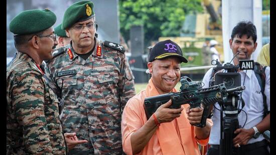 Chief minister Yogi Adityanath during the inaugural ceremony of the three-day Armed Forces Festival, at Surya Khel Parisar in Lucknow on Tuesday. (ANI Photo)