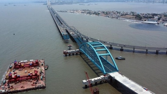 One arm of the arch bridge being erected. Whilst the exact opening date remains unclear, civic sources suggest it could be on or before 15 September. (Photo by Raju Shinde/HT Photo)