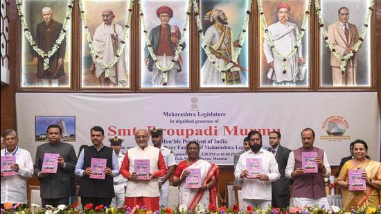 Mumbai, Sep 03 (ANI): President Droupadi Murmu, Maharashtra Governor CP Radhakrishnan, State Chief Minister Eknath Shinde, State Deputy Chief Ministers Devendra Fadnavis and Ajit Pawar, State Textiles Minister Chandrakant Patil and others during the centenary year function of the State Legislative Council, at Vidhan Bhavan in Mumbai on Tuesday. (ANI Photo) (ANI)