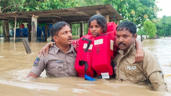 Earlier on Monday, the Indian Air Force (IAF) carried out relief operations in flood-affected areas of Andhra Pradesh. According to officials, four aircraft including two each Ilyushin-76 and C-130 carried NDRF teams and relief material from different parts of the country to support relief operations in Vijayawada.(PTI)