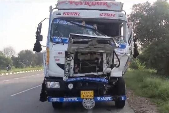 The truck that hit the pick-up vehicle at Narwana in Jind on Tuesday. (PTI Photo)