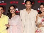 Mumbai: Actors Patralekha, Dia Mirza, Vijay Verma and Pooja Gor pose for pictures during a press conference of their Netflix web series 'IC 814: The Kandahar Hijack', in Mumbai, Tuesday, Sept. 3, 2024. (PTI Photo)(PTI09_03_2024_000205B) (PTI)
