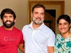 Leader of the Opposition Rahul Gandhi with wrestlers Vinesh Phogat and Bajrang Punia in New Delhi. Leader of the Opposition Rahul Gandhi with wrestlers Vinesh Phogat and Bajrang Punia in New Delhi.