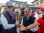 Jammu and Kashmir National Conference vice president Omar Abdullah being greeted by supporters upon his arrival to file nomination from Ganderbal. Jammu and Kashmir National Conference vice president Omar Abdullah being greeted by supporters upon his arrival to file nomination from Ganderbal.