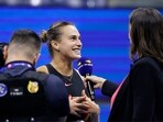 Belarus's Aryna Sabalenka is interviewed after winning her women's quarterfinals match against China's Zheng Qinwen