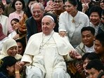 Pope Francis interacts with young people of Scholas Occurrentes at Grha Pemuda Youth Centre in Jakarta on September 4, 2024. Pope Francis interacts with young people of Scholas Occurrentes at Grha Pemuda Youth Centre in Jakarta on September 4, 2024.