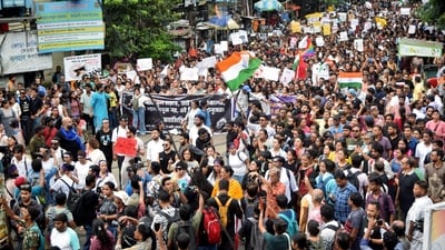 Educationalists, actors, teachers, students, and other professionals take part in 'Maha Michil' to protest against the alleged sexual assault and murder of a postgraduate trainee doctor at RG Kar Hospital, in Kolkata (ANI Photo) (Shyamal Maitra) Educationalists, actors, teachers, students, and other professionals take part in 'Maha Michil' to protest against the alleged sexual assault and murder of a postgraduate trainee doctor at RG Kar Hospital, in Kolkata (ANI Photo) (Shyamal Maitra)