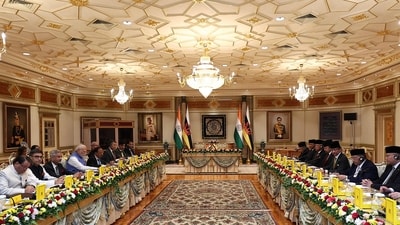 India's delegation led by India's Prime Minister Narendra Modi (4th L) and Brunei's officials led by Brunei Sultan Hassanal Bolkiah (3rd R) meet at Istana Nurul Iman in Bandar Seri Begawan on September 4, 2024. (Photo by Dean KASSIM / AFP) (AFP) India's delegation led by India's Prime Minister Narendra Modi (4th L) and Brunei's officials led by Brunei Sultan Hassanal Bolkiah (3rd R) meet at Istana Nurul Iman in Bandar Seri Begawan on September 4, 2024. (Photo by Dean KASSIM / AFP) (AFP)