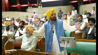 Chief minister Bhagwant Mann during the last day of the Punjab Vidhan Sabha session in Chandigarh on Wednesday.Photo by Ravi Kumar/Hindustan Times