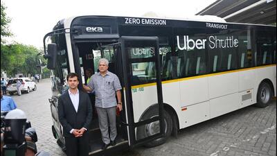 Delhi Transport Minister Kailash Gahlot with General Manager Uber Shuttle, EMEA and India, Nikolaas Van de Loock, during inspection of Uber Premium Shuttle at Rajghat Depot, in New Delhi on Wednesday. (Vipin Kumar/HT PHOTO) Delhi Transport Minister Kailash Gahlot with General Manager Uber Shuttle, EMEA and India, Nikolaas Van de Loock, during inspection of Uber Premium Shuttle at Rajghat Depot, in New Delhi on Wednesday. (Vipin Kumar/HT PHOTO)
