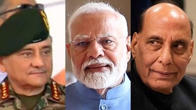 (From left) Chief of Defence Staff Gen Anil Chauhan, Prime Minister Narendra Modi and Defence Minister Rajnath Singh.