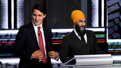 Justin Trudeau (left) and NDP Leader Jagmeet Singh take part in the federal election English-language Leaders debate in Gatineau, Canada, on September 9, 2021. (REUTERS) Justin Trudeau (left) and NDP Leader Jagmeet Singh take part in the federal election English-language Leaders debate in Gatineau, Canada, on September 9, 2021. (REUTERS)