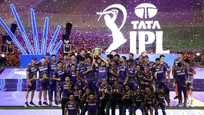 Kolkata Knight Riders players pose with the winners’ trophy after beating Sunrisers Hyderabad in the Indian Premier League final at the MA Chidambaram Stadium, Chennai on May 26, 2024. (Sportzpics) Kolkata Knight Riders players pose with the winners’ trophy after beating Sunrisers Hyderabad in the Indian Premier League final at the MA Chidambaram Stadium, Chennai on May 26, 2024. (Sportzpics)