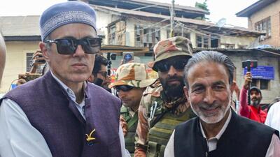 NC vice-president Omar Abdullah being greeted by supporters upon his arrival to file nomination. (PTI) NC vice-president Omar Abdullah being greeted by supporters upon his arrival to file nomination. (PTI)