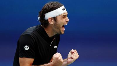 Taylor Fritz of the US celebrates after defeating Alexander Zverev of Germany in the US Open quarter-final. (AFP)