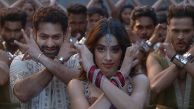 NTR Jr and Janhvi Kapoor in a still from Devara. NTR Jr and Janhvi Kapoor in a still from Devara.