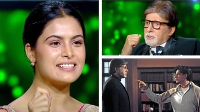 Manu Bhaker recited Amitabh Bachchan's Mohabbatein dialogue in KBC's Jeet Ka Jashn episode. Manu Bhaker recited Amitabh Bachchan's Mohabbatein dialogue in KBC's Jeet Ka Jashn episode.