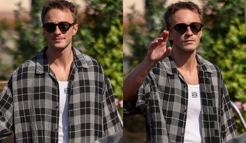 For his another appearance, he was seen sporting a cuban-collared check shirt teamed with a vest and a pair of stylish sunnies to finish off the look.
