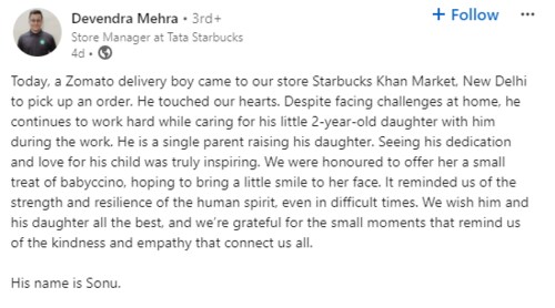 Starbucks store manager shared this about the Zomato delivery agent. (LinkedIn/@Devendra Mehra) Starbucks store manager shared this about the Zomato delivery agent. (LinkedIn/@Devendra Mehra)
