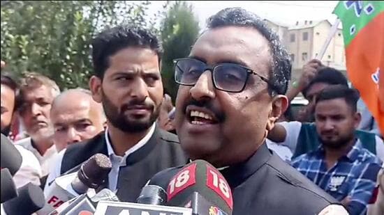 Bharatiya Janata Party (BJP) election in-charge for Jammu and Kashmir assembly elections Ram Madhav speaks to the media on the J&K Assembly elections, in Srinagar. (ANI)