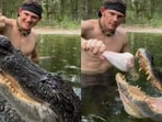A viral video of a man fearlessly feeding a massive alligator with his bare hands has left the internet shocked. A viral video of a man fearlessly feeding a massive alligator with his bare hands has left the internet shocked.