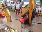 A delivery agent and his bike fell into a road cave-in in Gurgaon, but managed to escape. A delivery agent and his bike fell into a road cave-in in Gurgaon, but managed to escape.