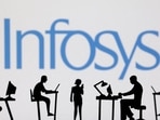 Figurines with computers and smartphones are seen in front of Infosys logo in this illustration. (Reuters)