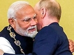 Prime Minister Narendra Modi embraces Russian President Vladimir Putin after receiving the Order of St Andrew the Apostle the First-Called, Russia's highest civilian honour, at St Catherine's Hall, in Moscow. Prime Minister Narendra Modi embraces Russian President Vladimir Putin after receiving the Order of St Andrew the Apostle the First-Called, Russia's highest civilian honour, at St Catherine's Hall, in Moscow.