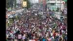 Students and other activists carry Bangladesh's national flag during a protest march organized by Students Against Discrimination to mark one month since former Prime Minister Sheikh Hasina stepped down after a mass uprising, in Dhaka, Bangladesh, Thursday, Sept. 5, 2024. AP/PTI(AP09_05_2024_000397A) (AP)