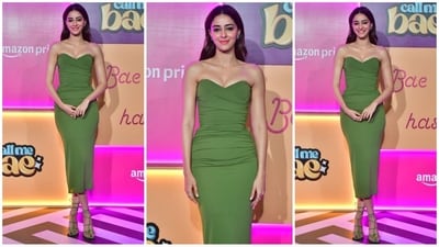 Ananya Panday wowed in a green strapless Alex Perry dress with an off-shoulder neckline and bodycon fit. She paired it with matching Jimmy Choo sandals, glam makeup, and loose waves for a stunning look. (HT Photo/VarinderChawla) Ananya Panday wowed in a green strapless Alex Perry dress with an off-shoulder neckline and bodycon fit. She paired it with matching Jimmy Choo sandals, glam makeup, and loose waves for a stunning look. (HT Photo/VarinderChawla)