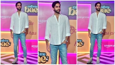 Archies actor Agastya Nanda kept it minimal yet stylish in a white shirt with folded sleeves, paired with skinny denim jeans. He completed his look with white shoes, finishing off his ensemble with effortless flair. (HT Photo/VarinderChawla) Archies actor Agastya Nanda kept it minimal yet stylish in a white shirt with folded sleeves, paired with skinny denim jeans. He completed his look with white shoes, finishing off his ensemble with effortless flair. (HT Photo/VarinderChawla)