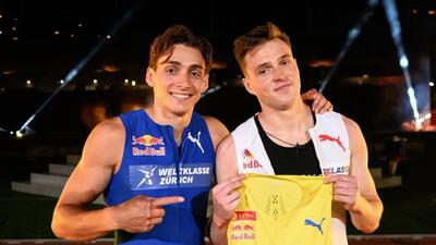 Armand Mondo Duplantis and Karsten Warholm pose after an exhibition 100m race at the Letzigrund Stadium in Zurich, Switzerland. (Athletics Weekly/X) Armand Mondo Duplantis and Karsten Warholm pose after an exhibition 100m race at the Letzigrund Stadium in Zurich, Switzerland. (Athletics Weekly/X)