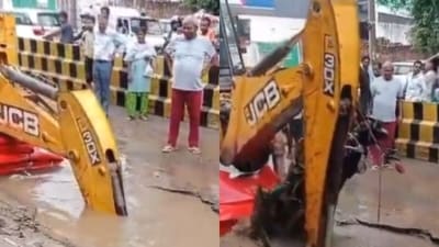 A delivery agent and his bike fell into a road cave-in in Gurgaon, but managed to escape. (X/@RohitSi70785609) A delivery agent and his bike fell into a road cave-in in Gurgaon, but managed to escape. (X/@RohitSi70785609)