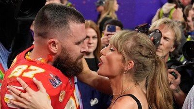 Kansas City Chiefs tight end Travis Kelce (87) speaks to Taylor Swift after the team's NFL Super Bowl 58 football game (AP) Kansas City Chiefs tight end Travis Kelce (87) speaks to Taylor Swift after the team's NFL Super Bowl 58 football game (AP)