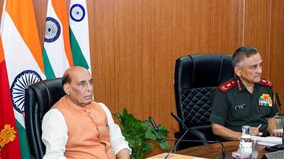 Defence minister Rajnath Singh and CDS General Anil Chauhan on the second day of the Joint Commanders Conference 2024, in Lucknow on Thursday. (ANI) Defence minister Rajnath Singh and CDS General Anil Chauhan on the second day of the Joint Commanders Conference 2024, in Lucknow on Thursday. (ANI)